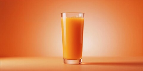 A refreshing glass of orange juice set against a warm orange backdrop, highlights its vibrant citrus color.