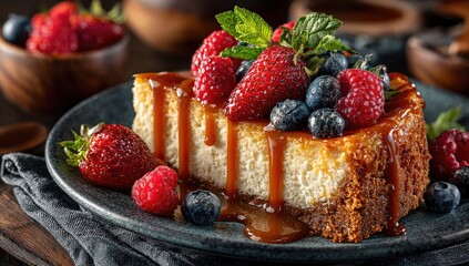 Caramel cheesecake slice topped with fresh berries