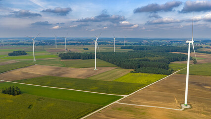 Aerial View of Wind Turbines in Agricultural and Forested Landscape