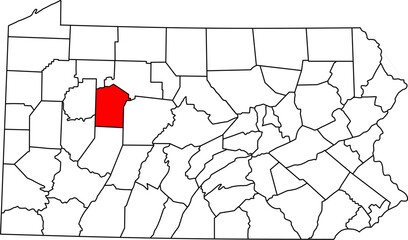 Detailed vector map of Pennsylvania, USA, highlighting Jefferson County, home of Punxsutawney.

