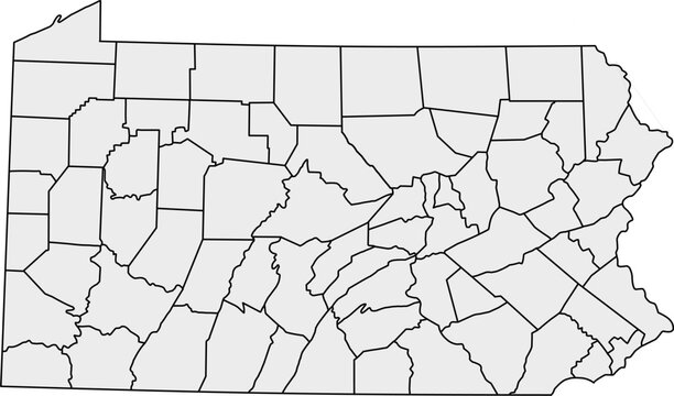 Blank vector map of Pennsylvania in gray, clearly showing all county boundaries for detailed regional data.

