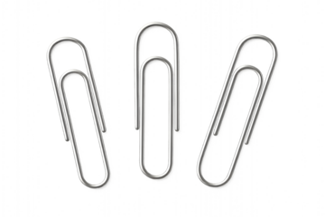 Three Silver Paper Clips Isolated on White An ultra-realistic professional photo of three silver metallic paper clips arranged in a neat composition with soft lighting