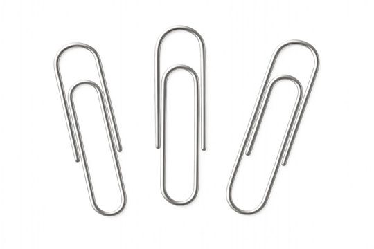 Three Silver Paper Clips Isolated on White An ultra-realistic professional photo of three silver metallic paper clips arranged in a neat composition with soft lighting