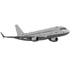 Obraz premium Side view of a passenger jet airplane in flight, showing the fuselage, wings, and engines.