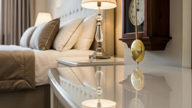 Elegant bedroom interior with pendulum clock, lamp on bedside table, and comfortable bed providing relaxing atmosphere.