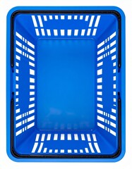 Empty Blue Plastic Shopping Basket Isolated on White Background, Top View