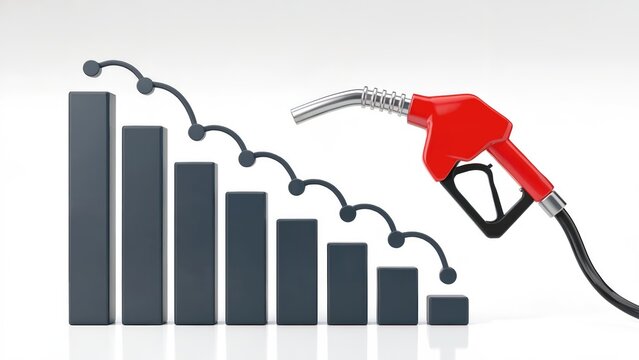 Falling gas prices shown with a vibrant fuel nozzle and graph illustrating declining costs for consumers