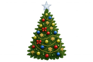 Obraz premium Christmas tree decorated with star topper, colorful ornaments, golden garland, celebrating festive holiday season