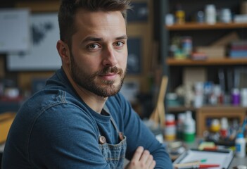 Obraz premium Model builder posing confidently in a well-organized hobby area