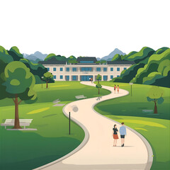 A serene city golf course landscape features lush green grass, blue sky, and mature trees under the summer sun