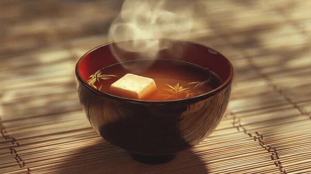 Steaming bowl of miso soup with tofu and herbs on bamboo mat