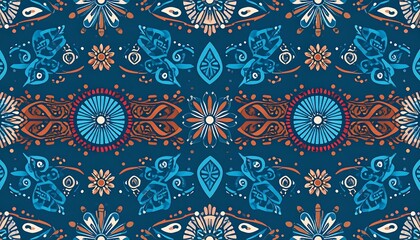 Symmetrical pattern with floral and geometric motifs in teal, orange, and cream