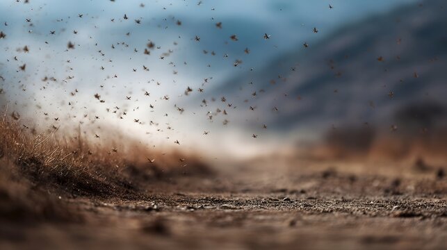 A dense swarm of locusts flies in a dusty arid environment under a hazy sky
