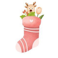 Pair of cozy, brightly colored Christmas Stockings (red and green knitted fabric) ready to be filled with gifts. Isolated PNG file to easily layer onto a fireplace mantle graphic or holiday