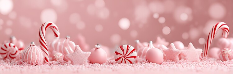 A festive pink christmas scene with candy canes and decorations