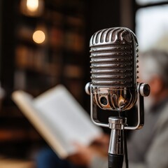 Vintage microphone stands prominently before a blurred reader amidst a rustic library atmosphere podcast