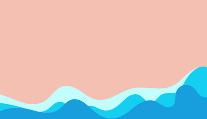 A minimalist abstract illustration of a beach landscape featuring layered sandy dunes in warm tones, smooth ocean waves in varying shades of blue, and a bright sun in a clear blue sky.