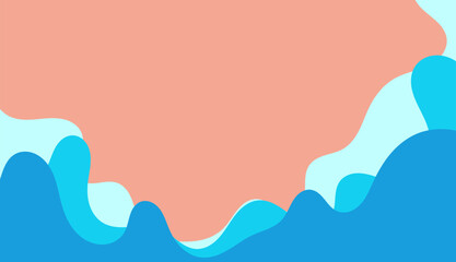 A minimalist abstract illustration of a beach landscape featuring layered sandy dunes in warm tones, smooth ocean waves in varying shades of blue, and a bright sun in a clear blue sky.