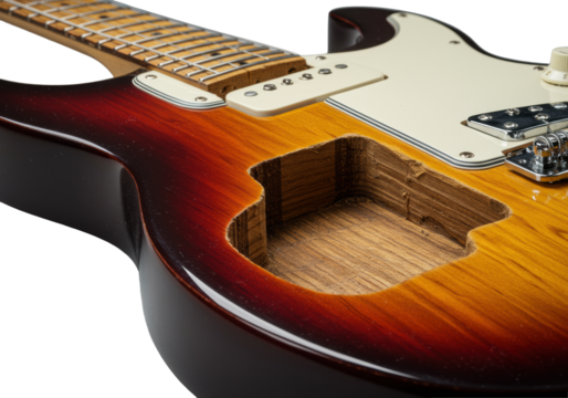 Extreme close-up sunburst electric guitar body cross-section, revealing layered wood grain, glossy red-to-amber lacquer, polished chrome, isolated on transparent, concept of intricate craftsmanship