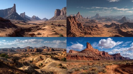 Four desert vistas showcase sandstone formations, varied lighting, & sparse vegetation, from different angles