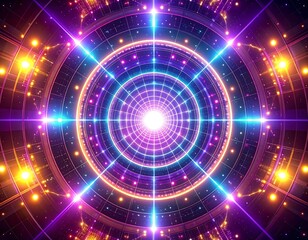 Vibrant neon circles radiate from a central point, creating a dynamic, symmetrical tunnel effect