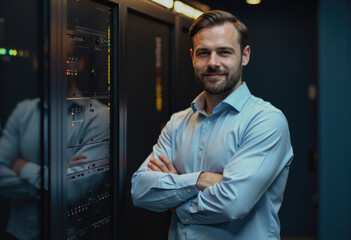Digital payment specialist confidently standing beside a server cabinet