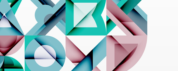 Abstract geometric shapes overlap, creating layered visual effect. Teal, pink, blue hues dominate composition. Minimalist design.