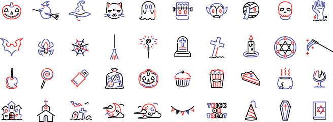 かぼちゃ、魔女、コウモリ、キャンディなど40種類のハロウィンアイコンセットです。印刷物、Web、アプリに最適。