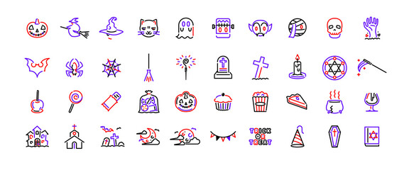 かぼちゃ、魔女、コウモリ、キャンディなど40種類のハロウィンアイコンセットです。印刷物、Web、アプリに最適。
