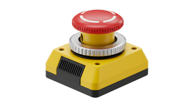 Large Red Emergency Stop Button on Yellow Base for Safety Control