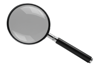 Photorealistic macro close-up of a classic magnifying glass with a crystal-clear lens and polished silver rim, isolated on transparent with soft shadow. Concept of scientific precision