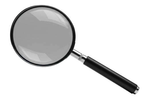 Photorealistic macro close-up of a classic magnifying glass with a crystal-clear lens and polished silver rim, isolated on transparent with soft shadow. Concept of scientific precision - Powered by Adobe