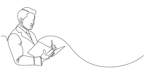 Fototapeta premium Minimalist one line illustration Man Reading Book. Vector eps