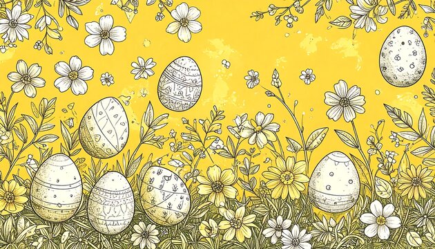 Easter eggs and flowers on yellow background