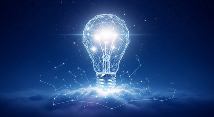 Glowing polygonal lightbulb above clouds, starry night background, symbolizes innovation, inspiration, and new ideas, perfect for technology or business concepts