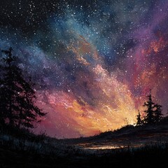 Fototapeta premium Vivid Milky Way Over Silhouetted Forest at Dusk