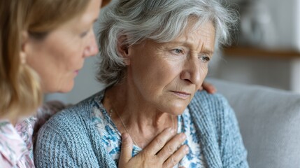 A caring moment between a woman and an elderly person reflecting concern and empathy in a warm, domestic setting.
