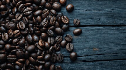 A close-up view of dark roasted coffee beans scattered on a wooden surface, perfect for coffee lovers and enthusiasts.