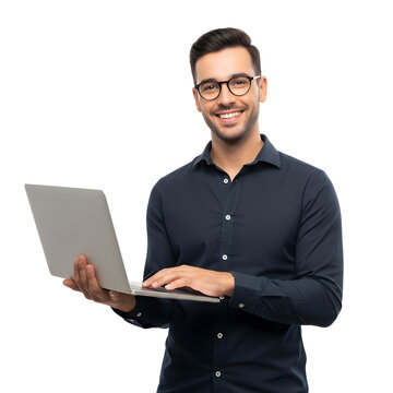 A smiling man in glasses holding a laptop and looking at the camera, with a white background