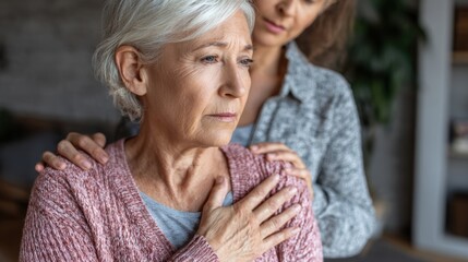 A comforting moment between two women as one supports the other in a time of emotional need.