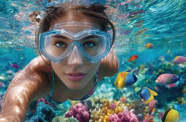 Naklejka premium a woman is wearing flippers and a snorkel, diving in the sea with colorful fish on a coral reef.