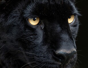 Close-up of a black panther's face.  Intense gaze