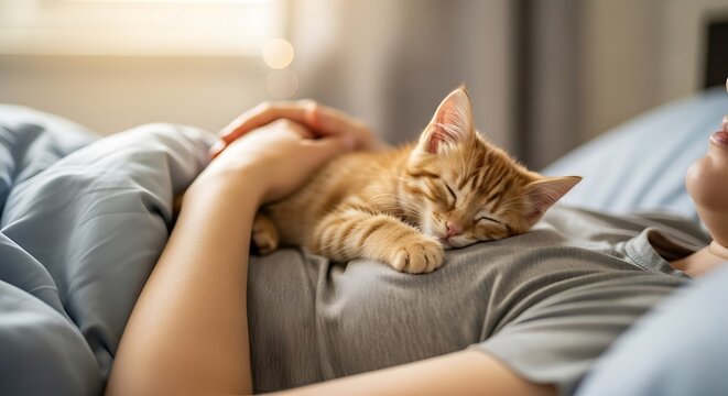 Cute Kitten Sleeping on Persons Chest.