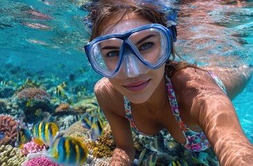 Fototapeta premium a person wearing a snorkel is seen floating above the clear blue waters of hawaii, surrounded by colorful fish as they point to the camera and smile while engaging in underwater activities.