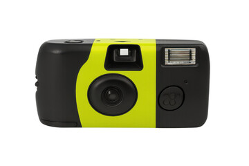 Disposable film camera with vivid lime green plastic casing