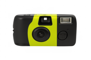 Disposable film camera with vivid lime green plastic casing