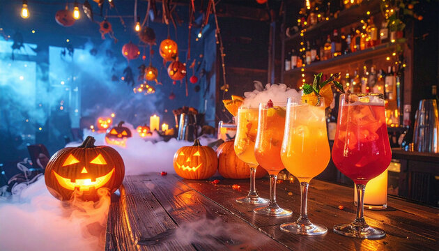 Colorful Halloween cocktails with smoke effect served on a festive bar decorated with pumpkins, candles, and string lights.	 - Powered by Adobe
