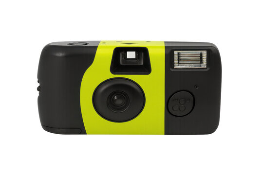 Disposable film camera with vivid lime green plastic casing