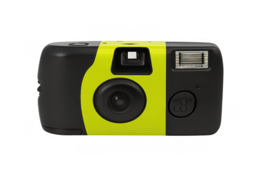 Disposable film camera with vivid lime green plastic casing