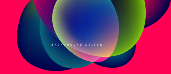 Abstract colorful shapes overlap. Vibrant pink background complements blue, green hues. Text reads background design. Modern visual presentation.